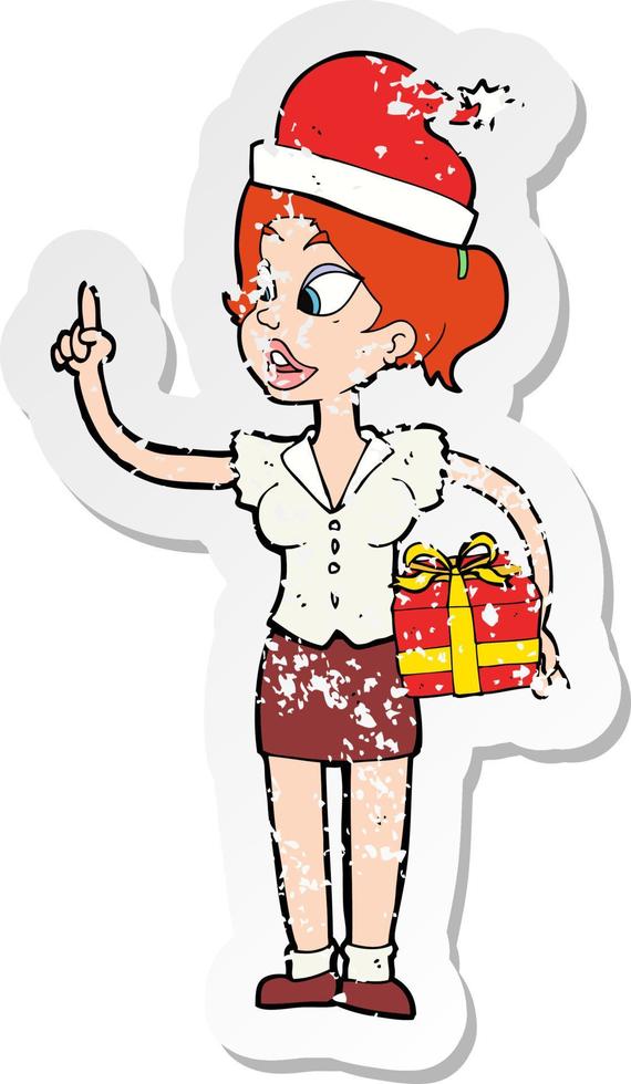 retro distressed sticker of a cartoon woman with present vector