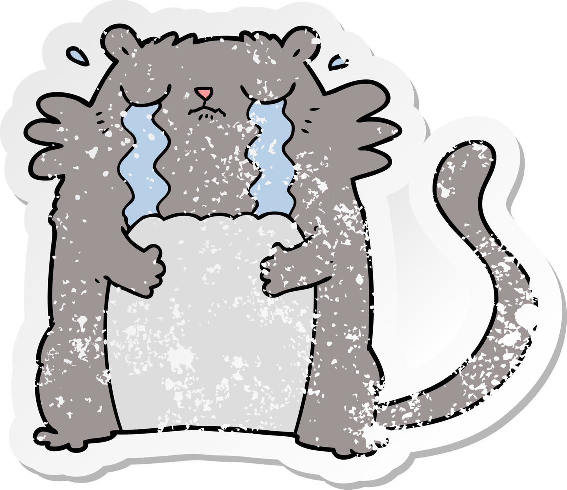 distressed sticker of a cartoon crying cat vector