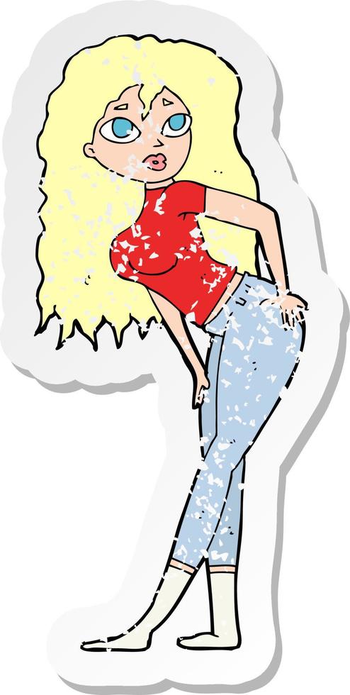 retro distressed sticker of a cartoon attractive woman looking surprised vector