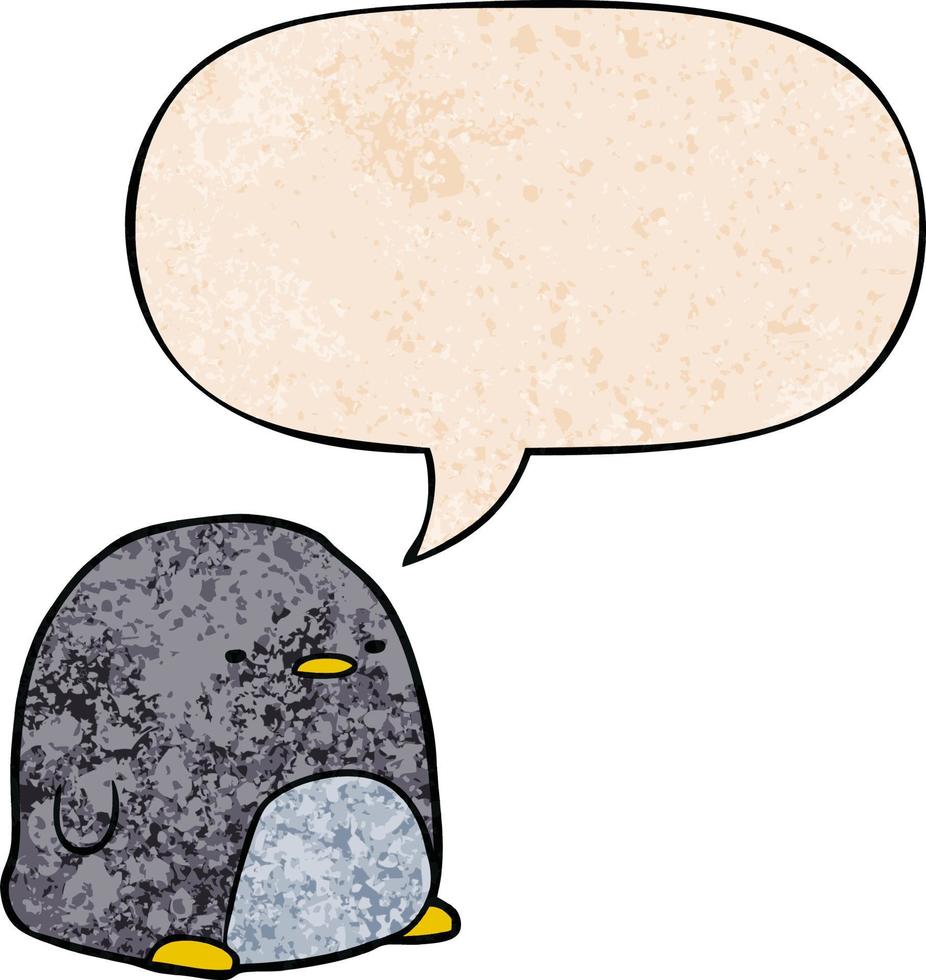 lindo pingüino de dibujos animados y burbuja de habla en estilo de textura retro vector