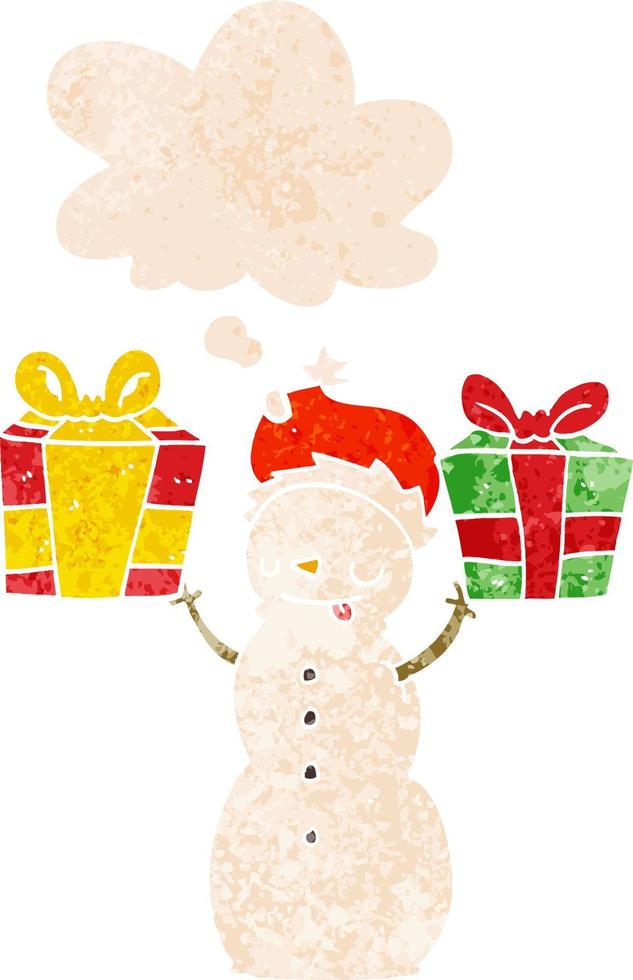 cartoon snowman with present and thought bubble in retro textured style vector