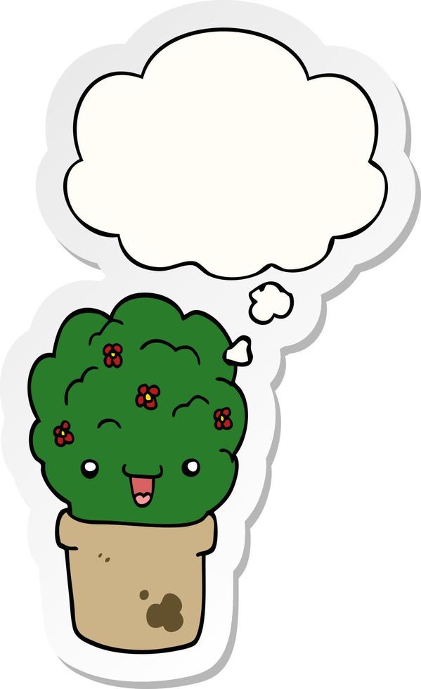 cartoon shrub in pot and thought bubble as a printed sticker vector