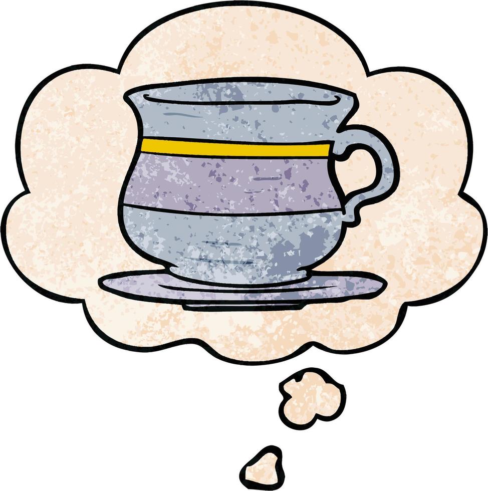 cartoon old tea cup and thought bubble in grunge texture pattern style vector