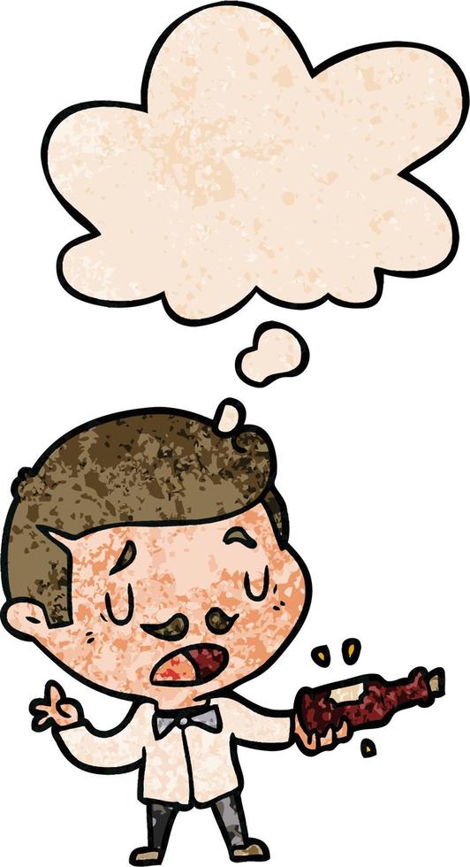 cartoon wine expert and thought bubble in grunge texture pattern style vector