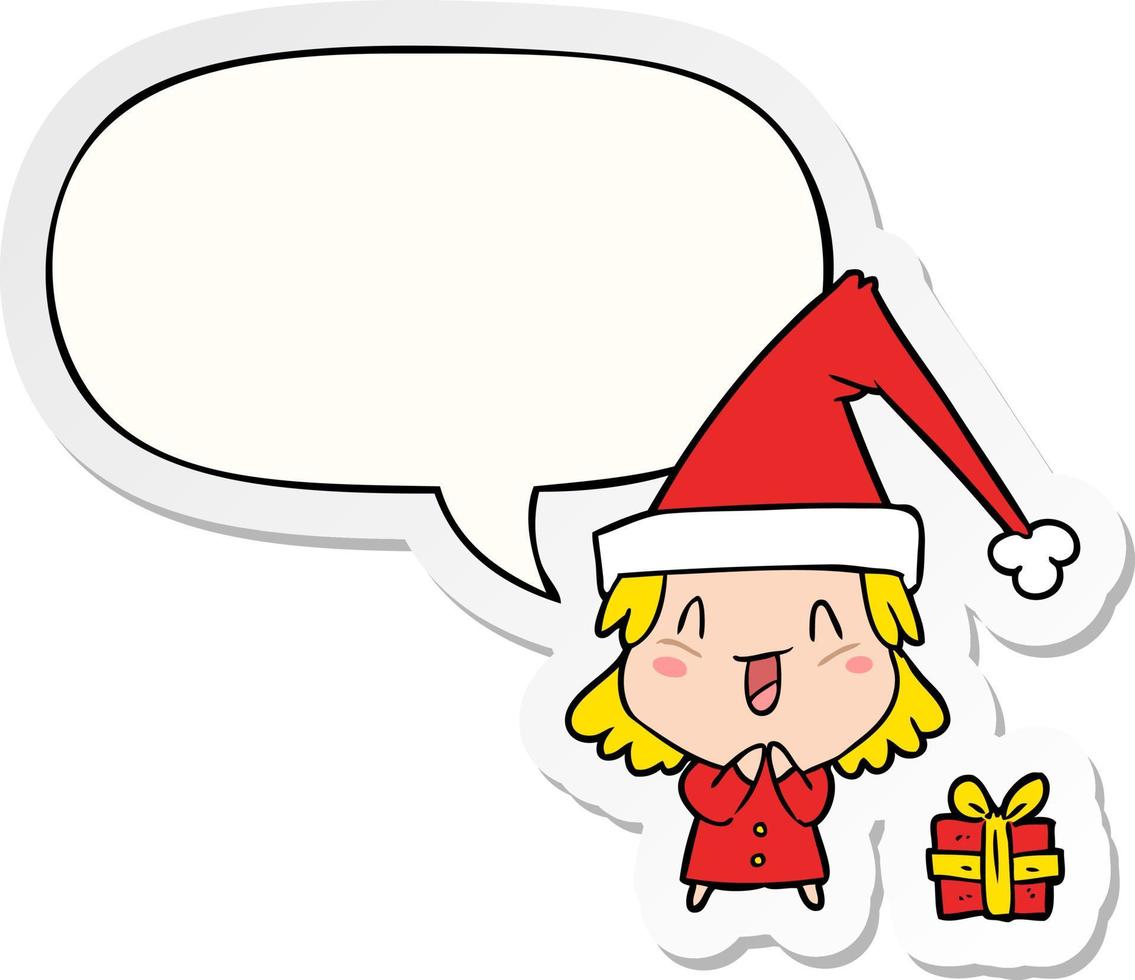 caricatura, niña, llevando, navidad, sombrero, y, discurso, burbuja, pegatina vector