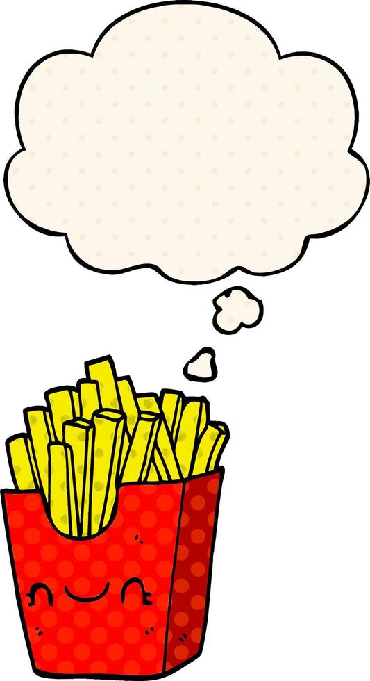 cartoon fries in box and thought bubble in comic book style vector