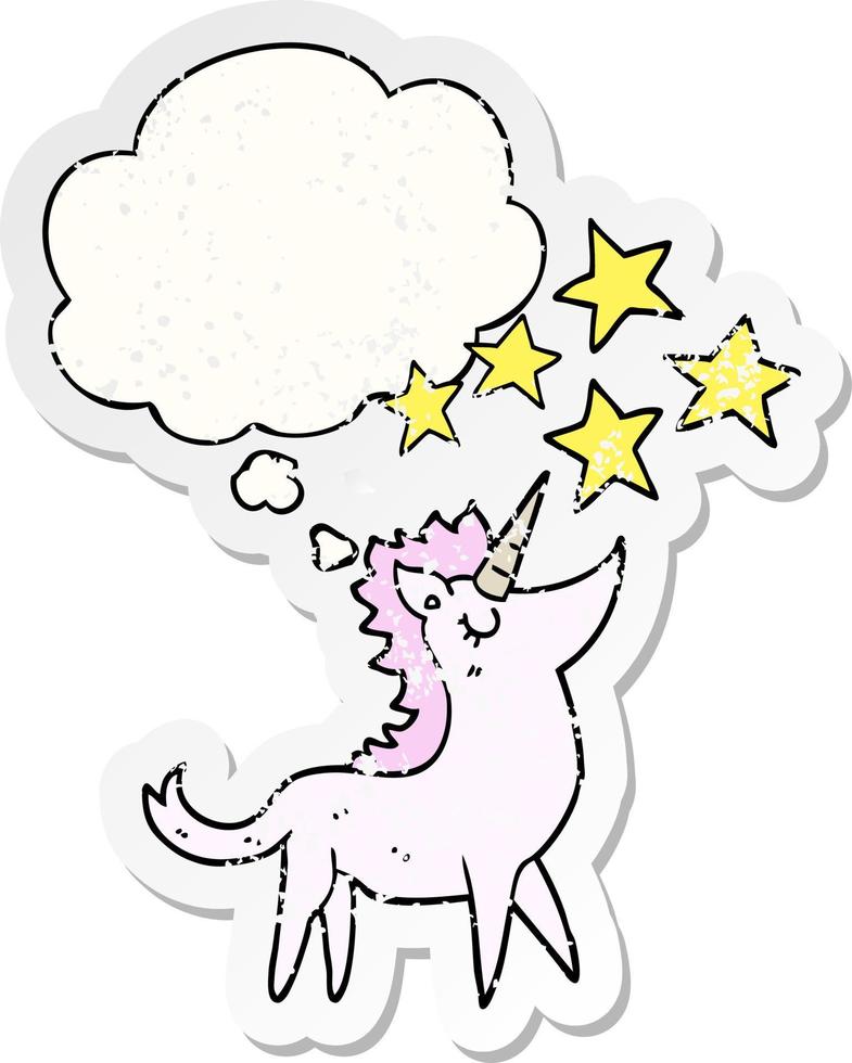 cartoon unicorn and thought bubble as a distressed worn sticker vector