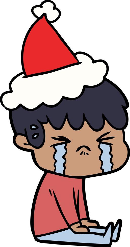 line drawing of a boy crying wearing santa hat vector