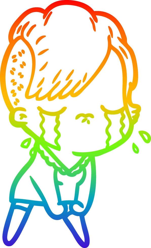 rainbow gradient line drawing cartoon crying girl vector