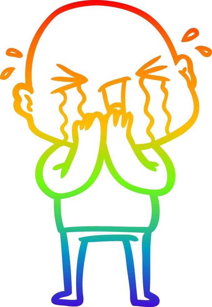 rainbow gradient line drawing cartoon crying bald man vector