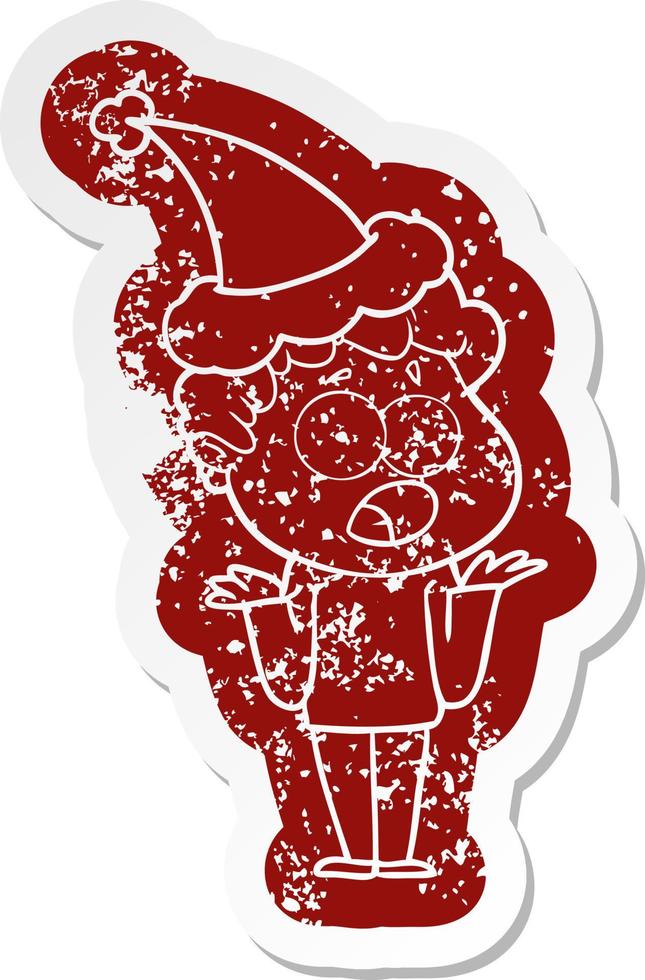 cartoon distressed sticker of a man gasping in surprise wearing santa hat vector