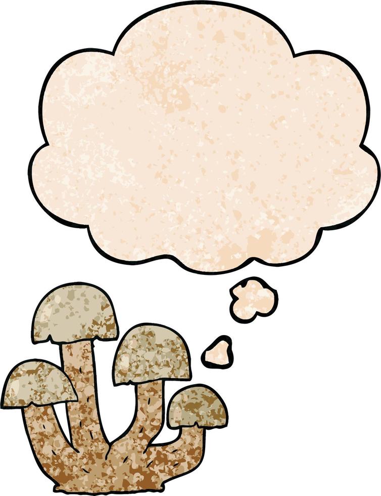 cartoon mushroom and thought bubble in grunge texture pattern style vector
