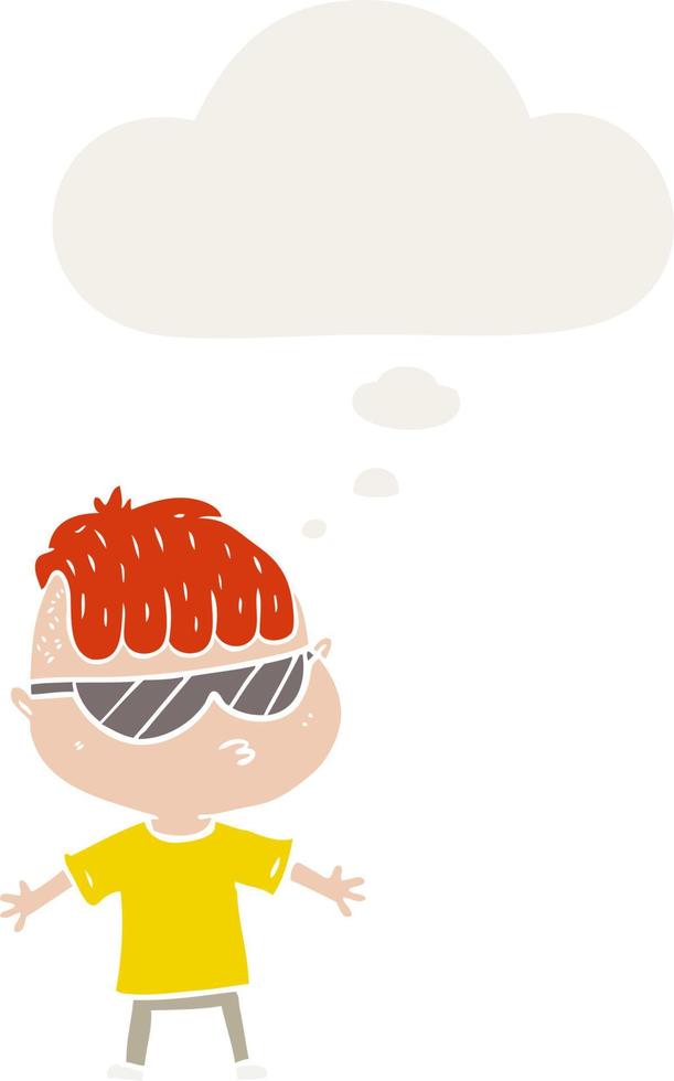 niño de dibujos animados con gafas de sol y burbuja de pensamiento en estilo retro vector