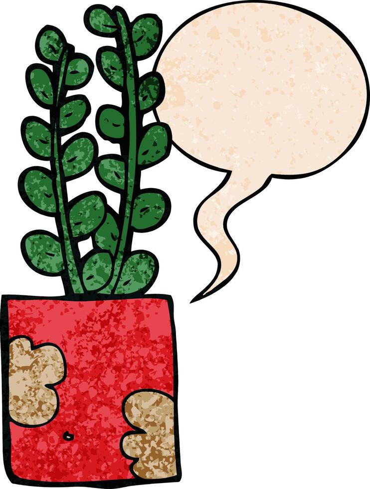 cartoon plant and speech bubble in retro texture style vector