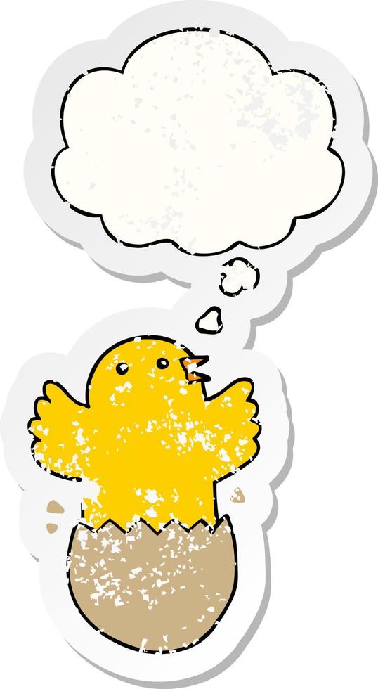 cartoon hatching bird and thought bubble as a distressed worn sticker vector