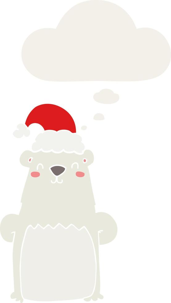 oso de dibujos animados con sombrero de navidad y burbuja de pensamiento en estilo retro vector