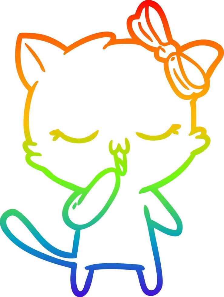 rainbow gradient line drawing cartoon cat with bow on head vector