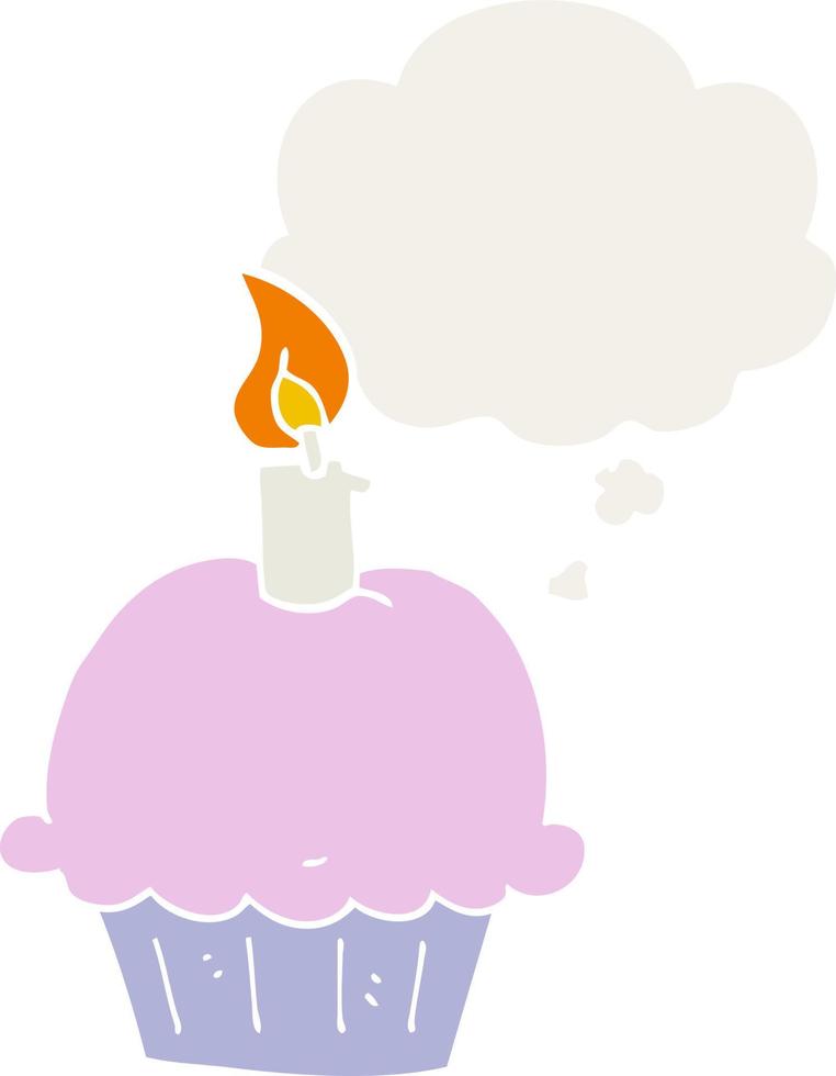 cupcake de cumpleaños de dibujos animados y burbuja de pensamiento en estilo retro vector