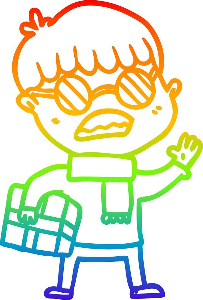 rainbow gradient line drawing cartoon boy holding gift and wearing spectacles vector