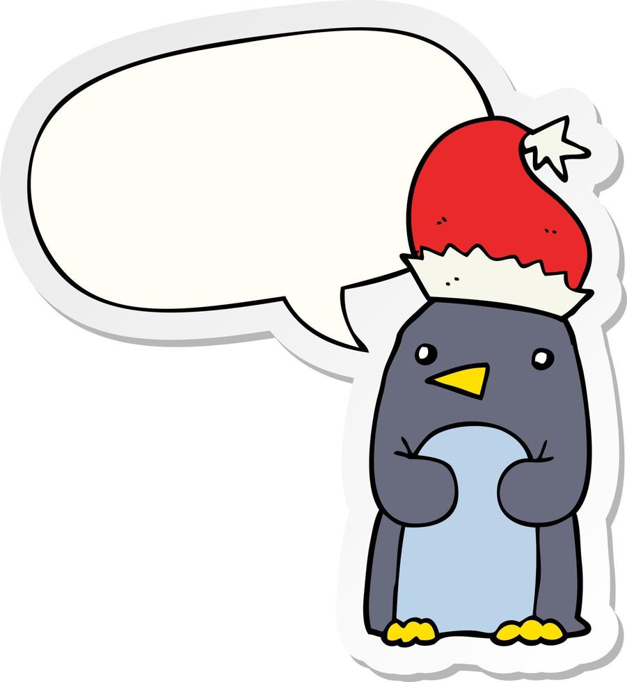 lindo pingüino navideño y etiqueta engomada de la burbuja del discurso vector