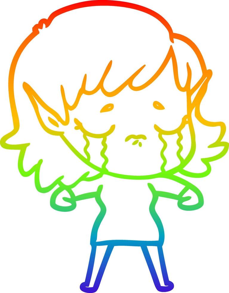 rainbow gradient line drawing cartoon crying elf girl vector