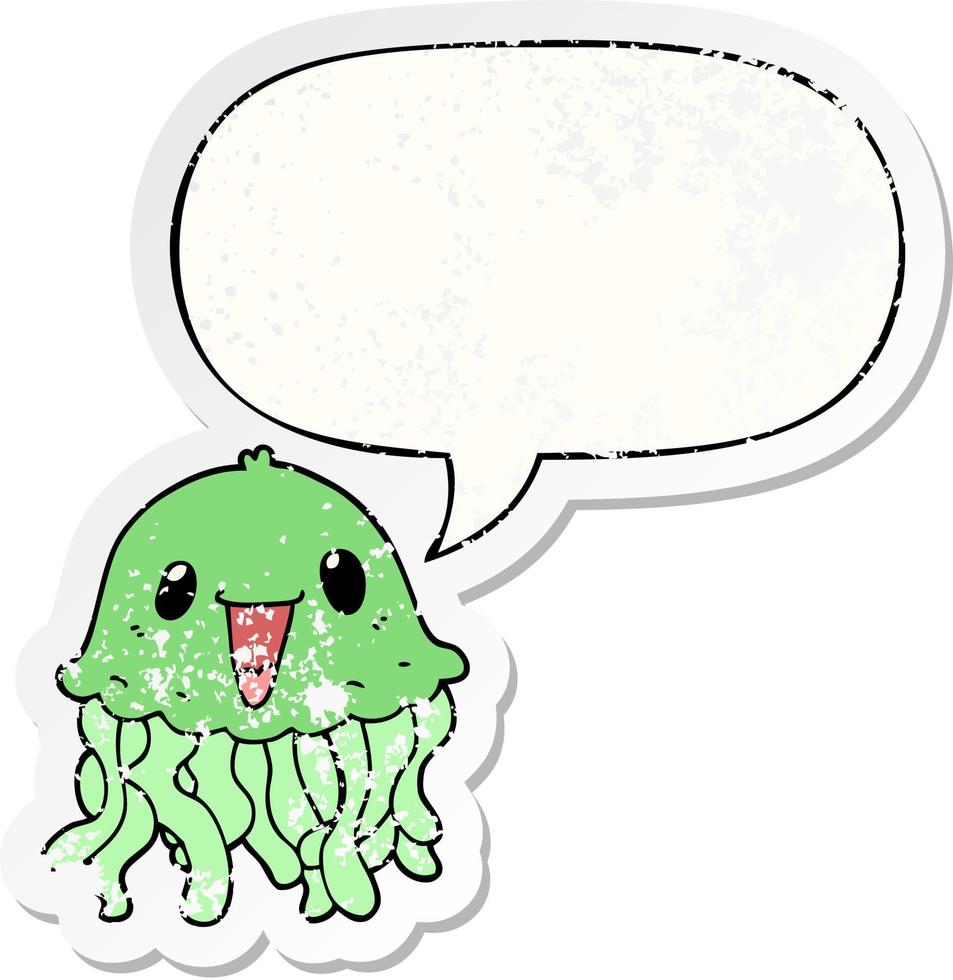 cartoon jellyfish and speech bubble distressed sticker vector