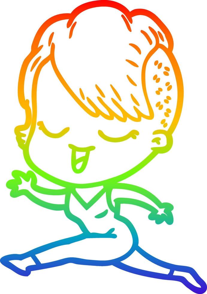 rainbow gradient line drawing happy cartoon girl running vector