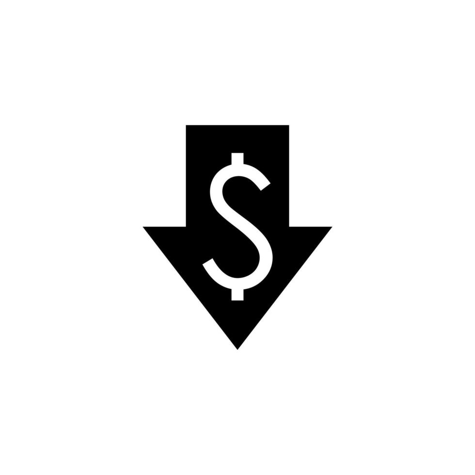 Flecha hacia abajo con ilustración de vector de diseño de icono de símbolo de dólar.