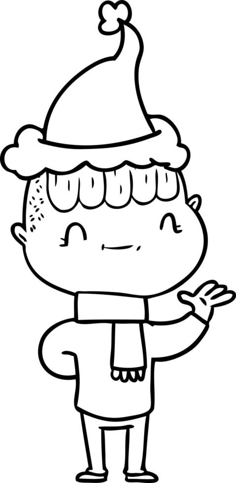 line drawing of a friendly boy wearing santa hat vector