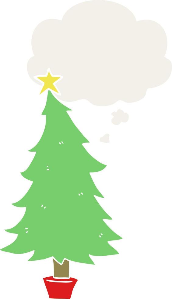 cartoon christmas tree and thought bubble in retro style vector