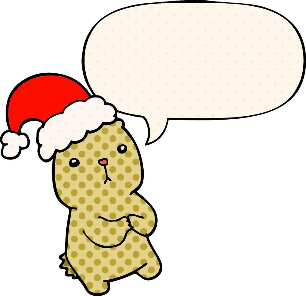 cartoon christmas bear worrying and speech bubble in comic book style vector