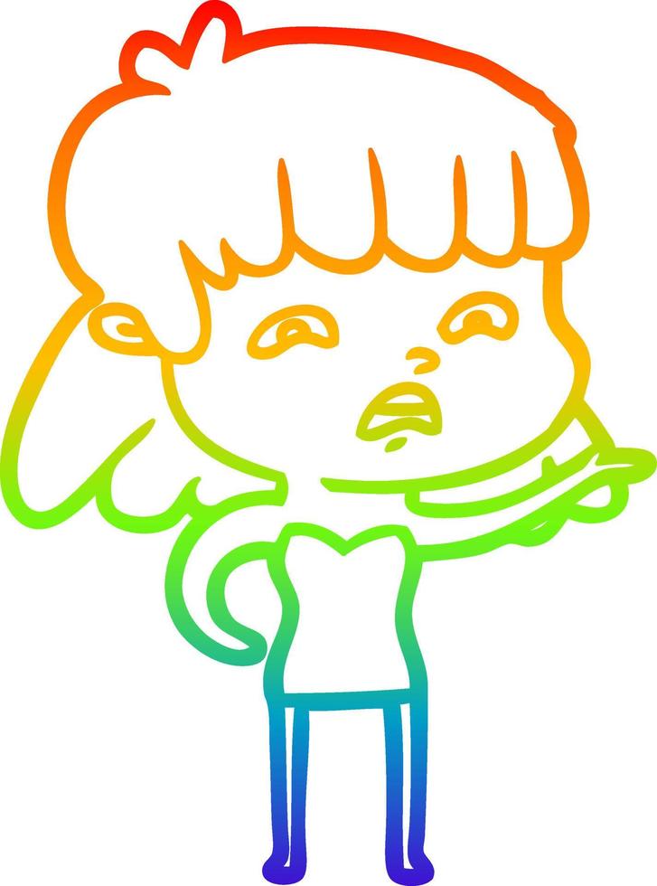 rainbow gradient line drawing cartoon worried woman vector