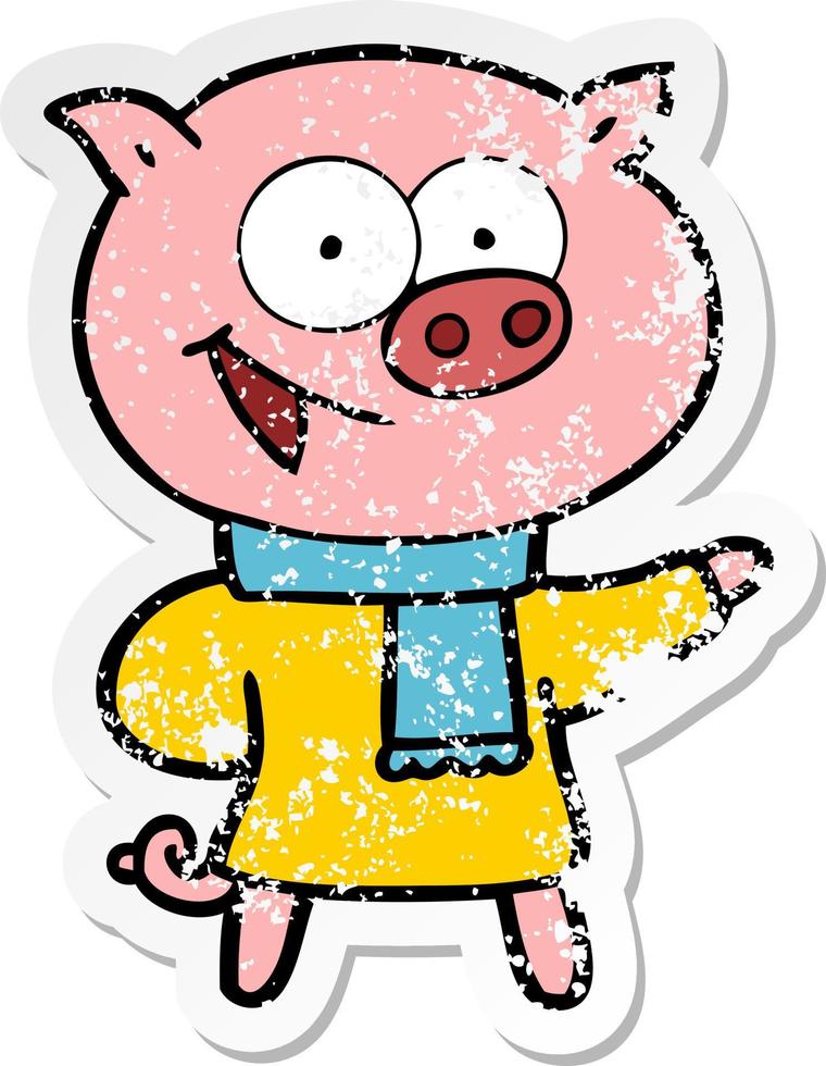 distressed sticker of a cheerful pig wearing winter clothes cartoon vector