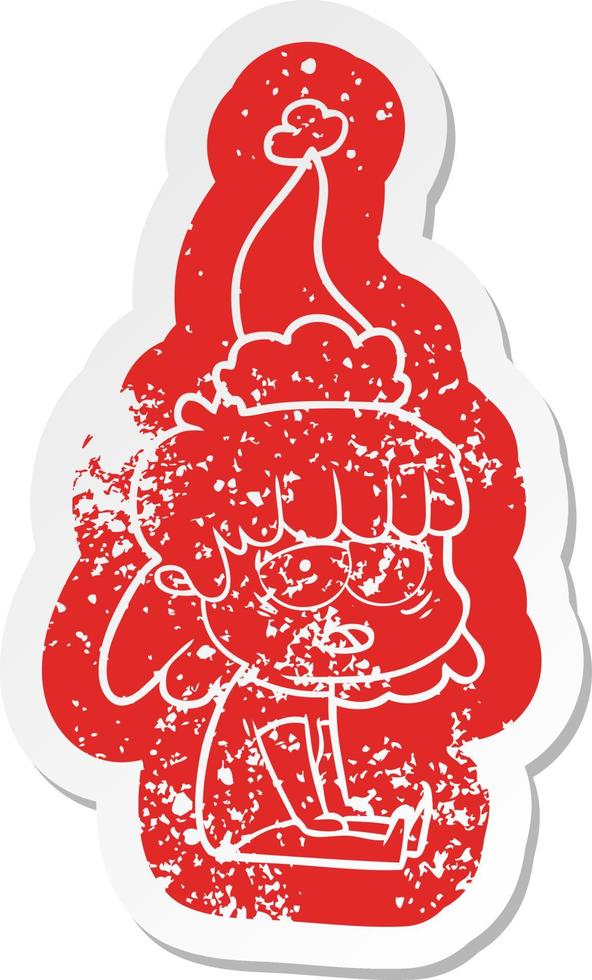 cartoon distressed sticker of a tired woman wearing santa hat vector