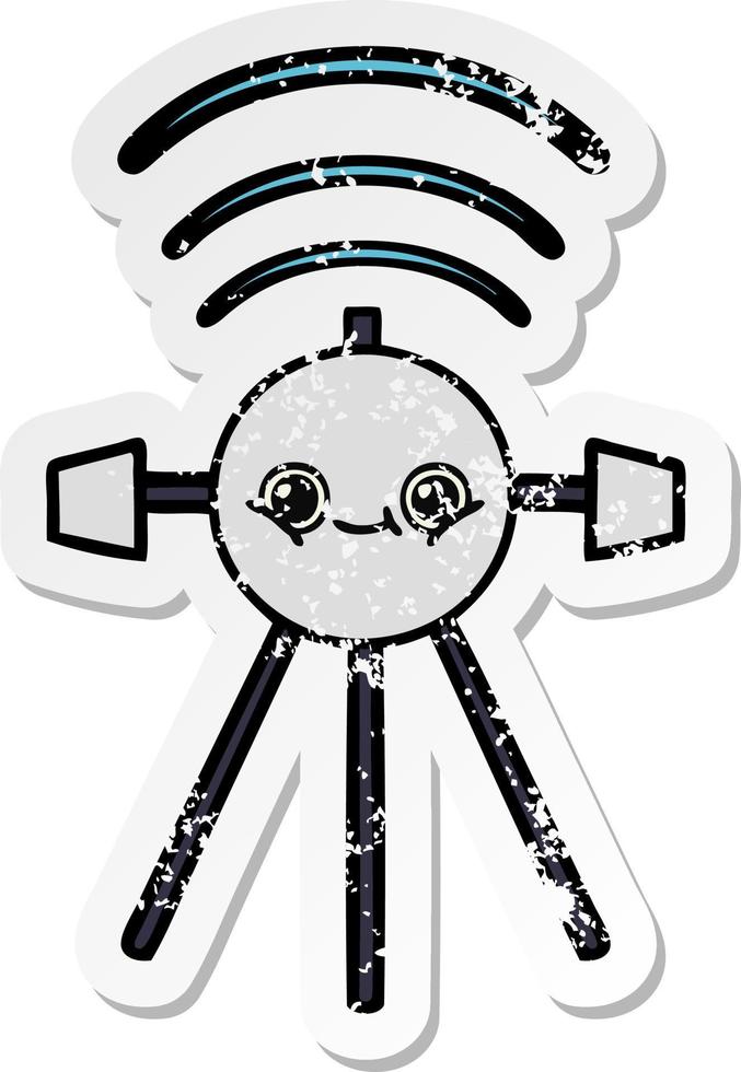 distressed sticker of a cute cartoon satellite vector