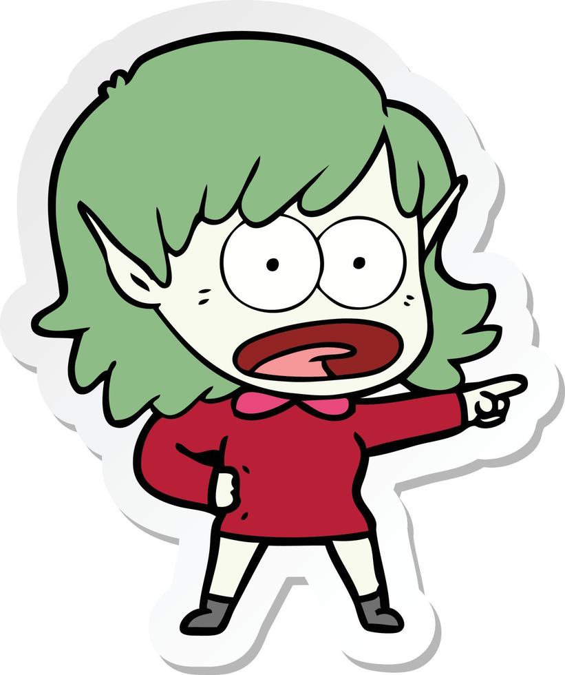 sticker of a cartoon shocked elf girl pointing vector