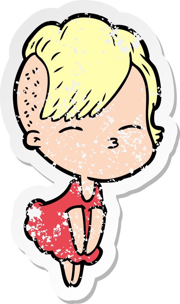 distressed sticker of a cartoon squinting girl in dress vector