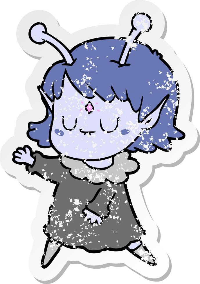 distressed sticker of a cartoon alien girl dancing vector