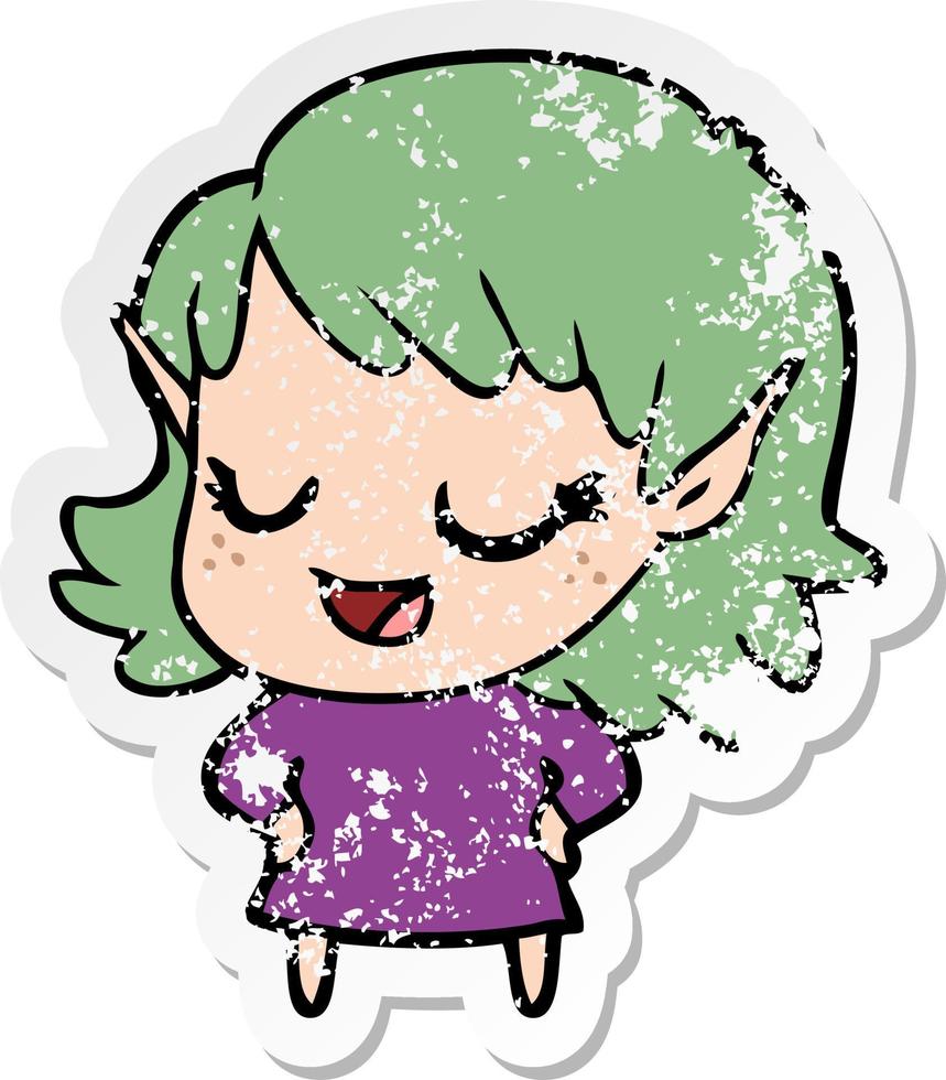 distressed sticker of a happy cartoon elf girl vector