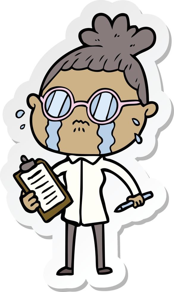 sticker of a cartoon crying woman wearing spectacles vector