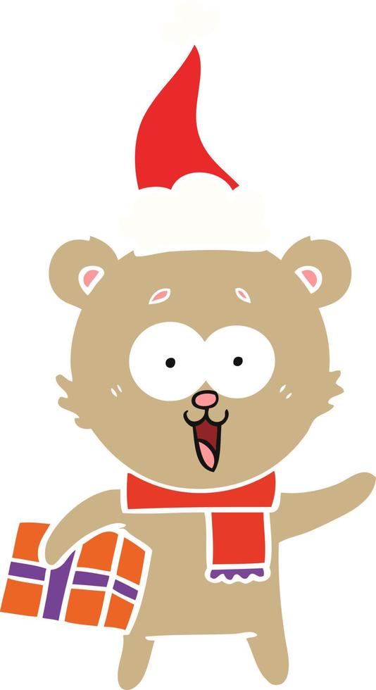 laughing teddy  bear with christmas present wearing santa hat vector