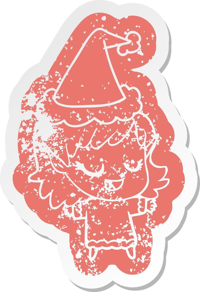 happy cartoon distressed sticker of a elf girl wearing santa hat vector