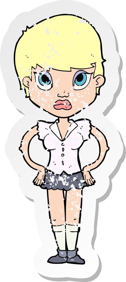 retro distressed sticker of a cartoon annoyed girl vector