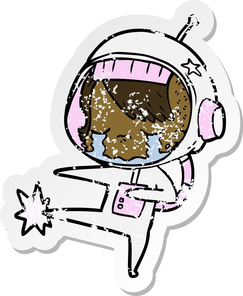distressed sticker of a cartoon crying astronaut girl kicking vector