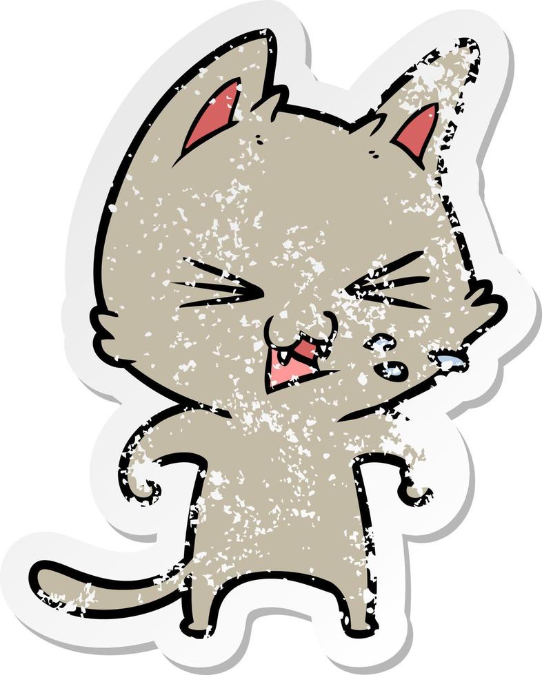 distressed sticker of a cartoon cat hissing vector