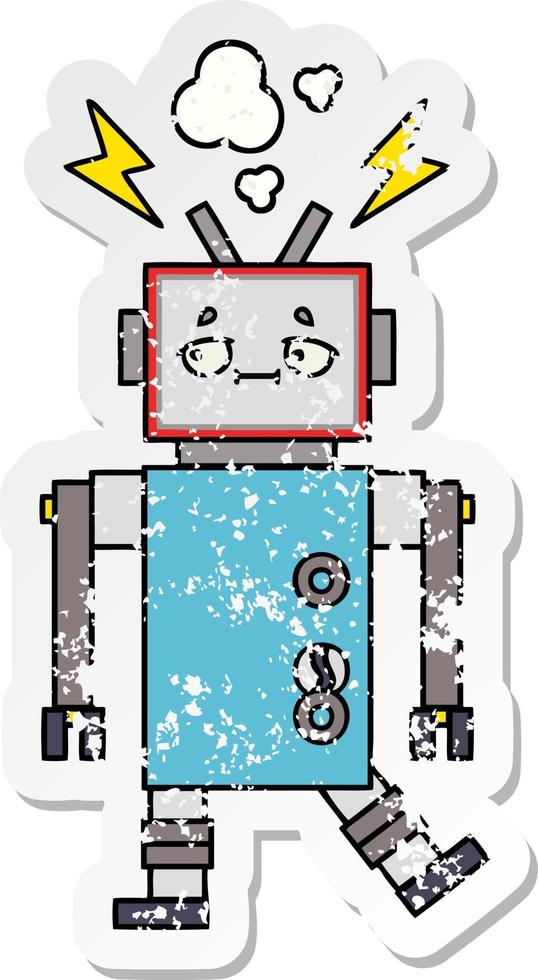 distressed sticker of a cute cartoon robot vector