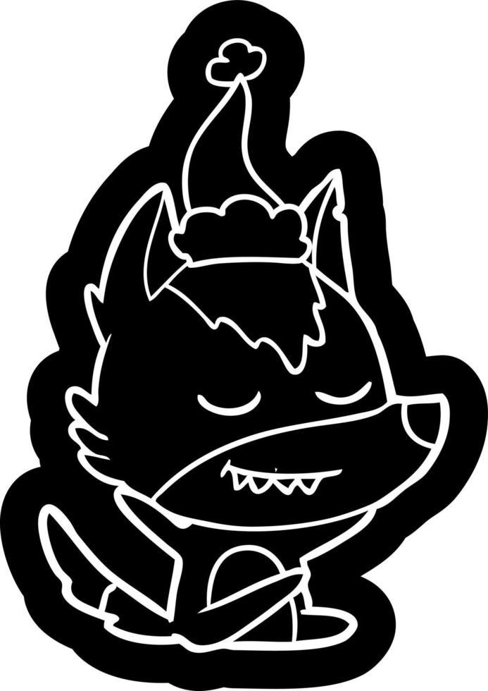 friendly cartoon icon of a wolf sitting wearing santa hat vector