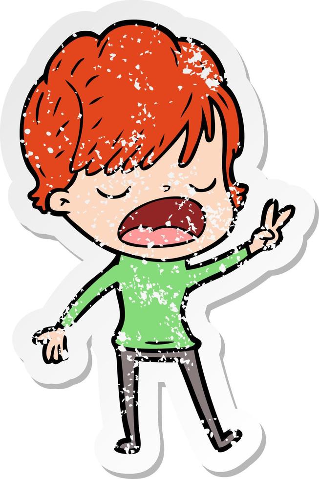 distressed sticker of a cartoon woman talking vector