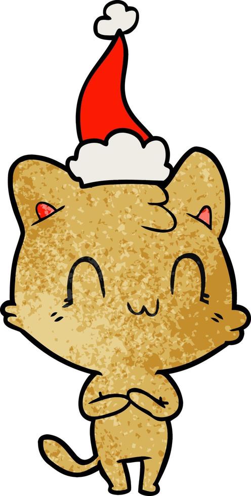 textured cartoon of a happy cat wearing santa hat vector