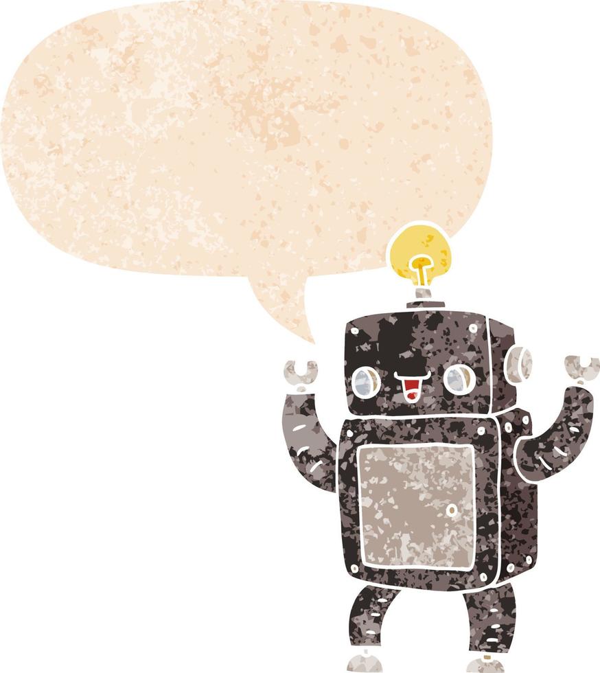 cartoon happy robot and speech bubble in retro textured style vector
